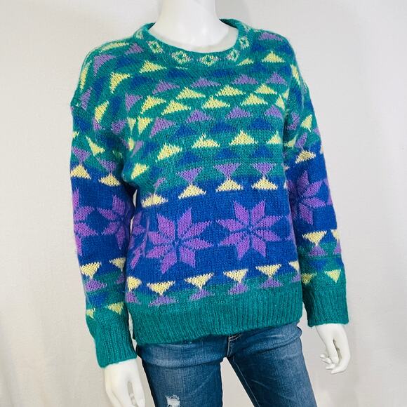 Gallagher Mohair Sweater Womens Large Purple Green Snowflake Abstract Pullover - Picture 12 of 13